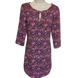 Pink Owl Blue/Pink Paisley Pullover 3/4 Sleeve Lined Dress Sz S